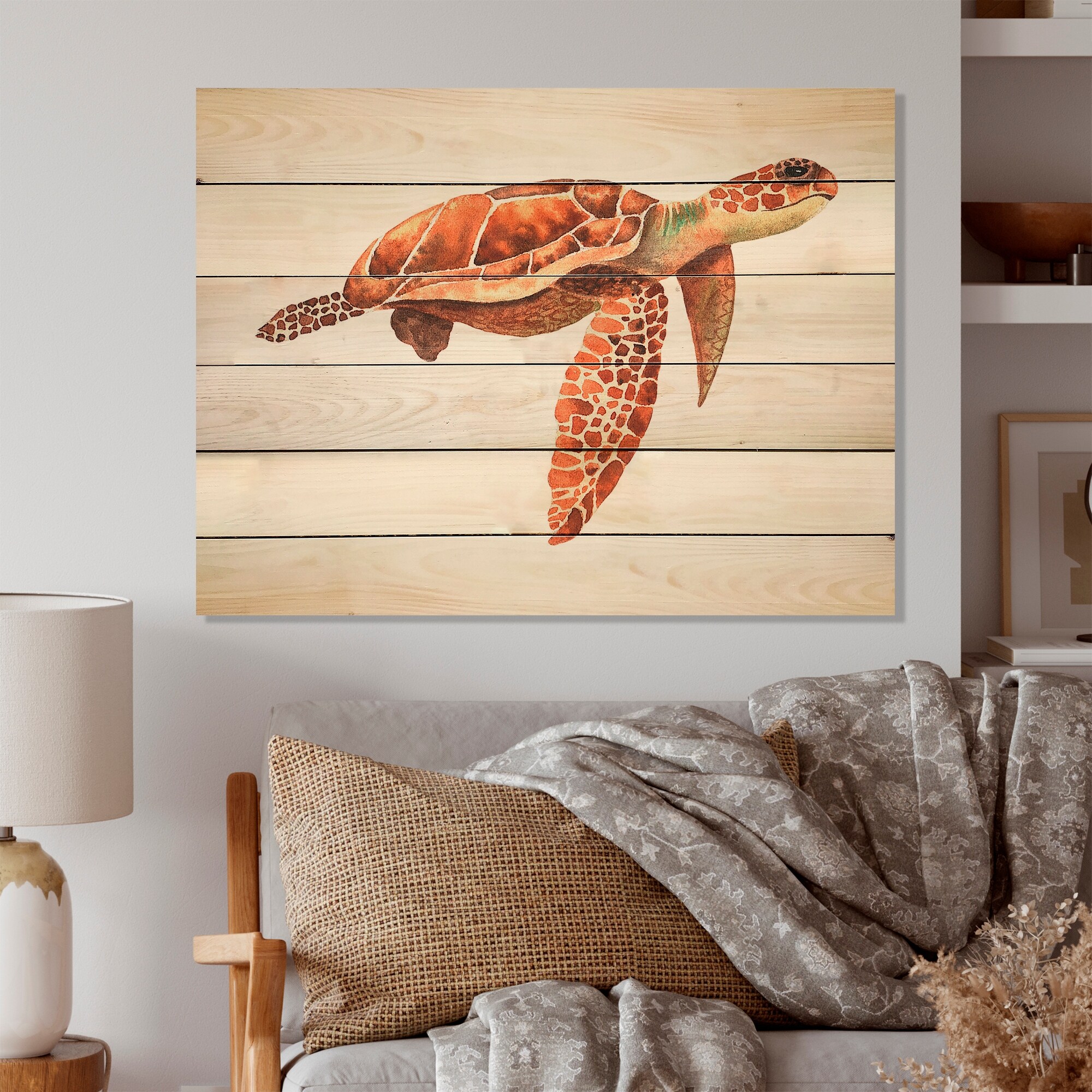 Designart Cute Brown Sea Turtle Nautical Coastal Wood Wall Art