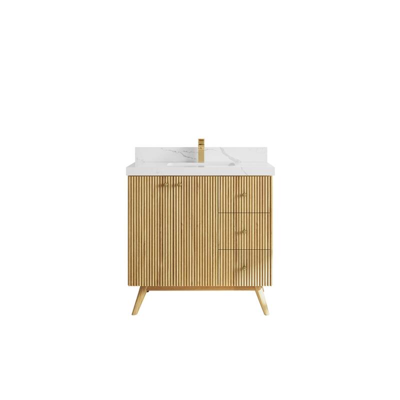 Willow Collections 36 in. W x 22 in. D Pasadena Solid Teak Center Sink Bathroom Vanity with Countertop - 2"Calacatta Laza - Light Natural