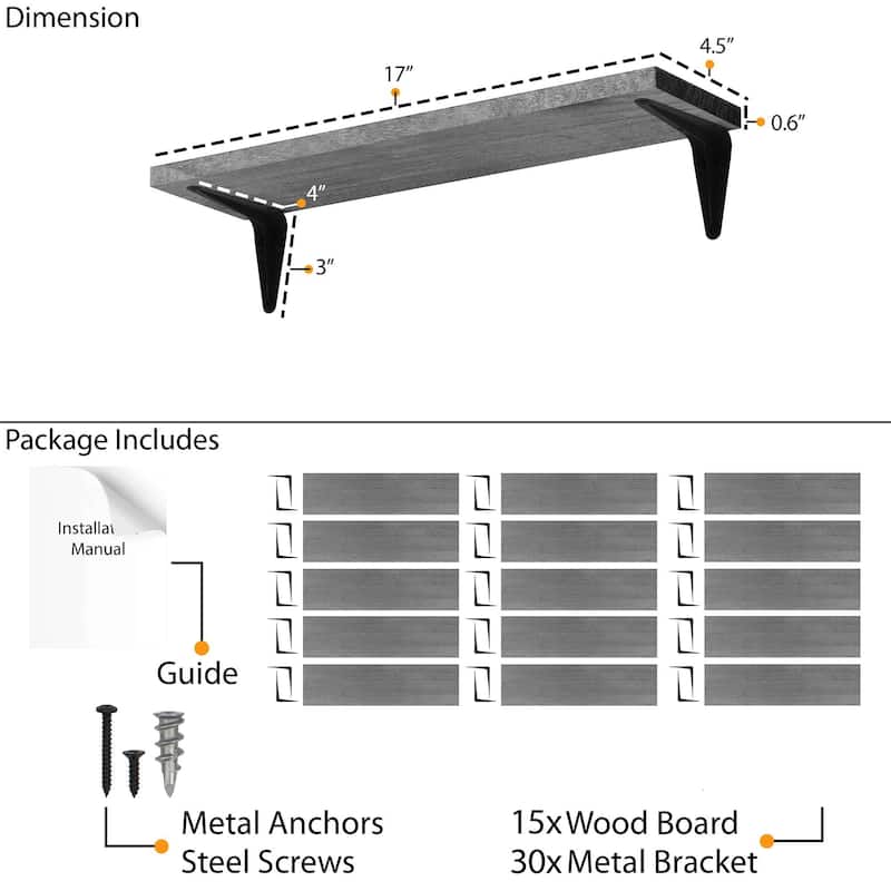 Wallniture Arras 17x4.5" Floating Bookshelves, Hanging Shelves for Living Room, Farmhouse Decor, Custom Finish and Piece Options