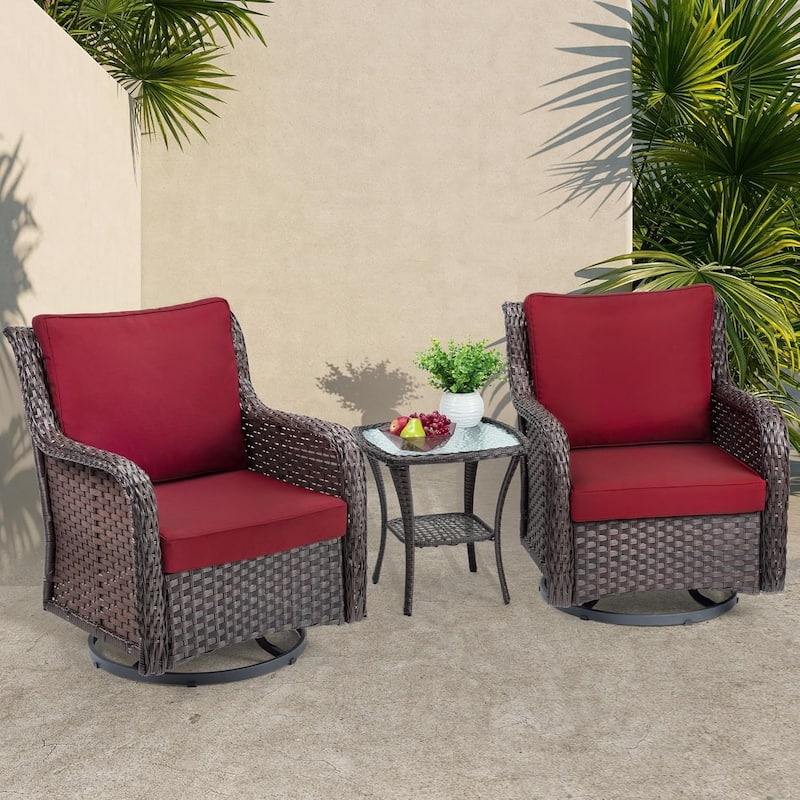 3 Pieces Outdoor Swivel Wicker Glider Patio Chairs with Table Set - Red