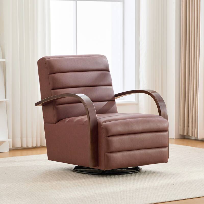 30.7"W Modern Upholstered 360°Swivel Accent Chair, with Solid Wood Armrests and Comfy Channel Tufted Lounge Reading Chair - Brown