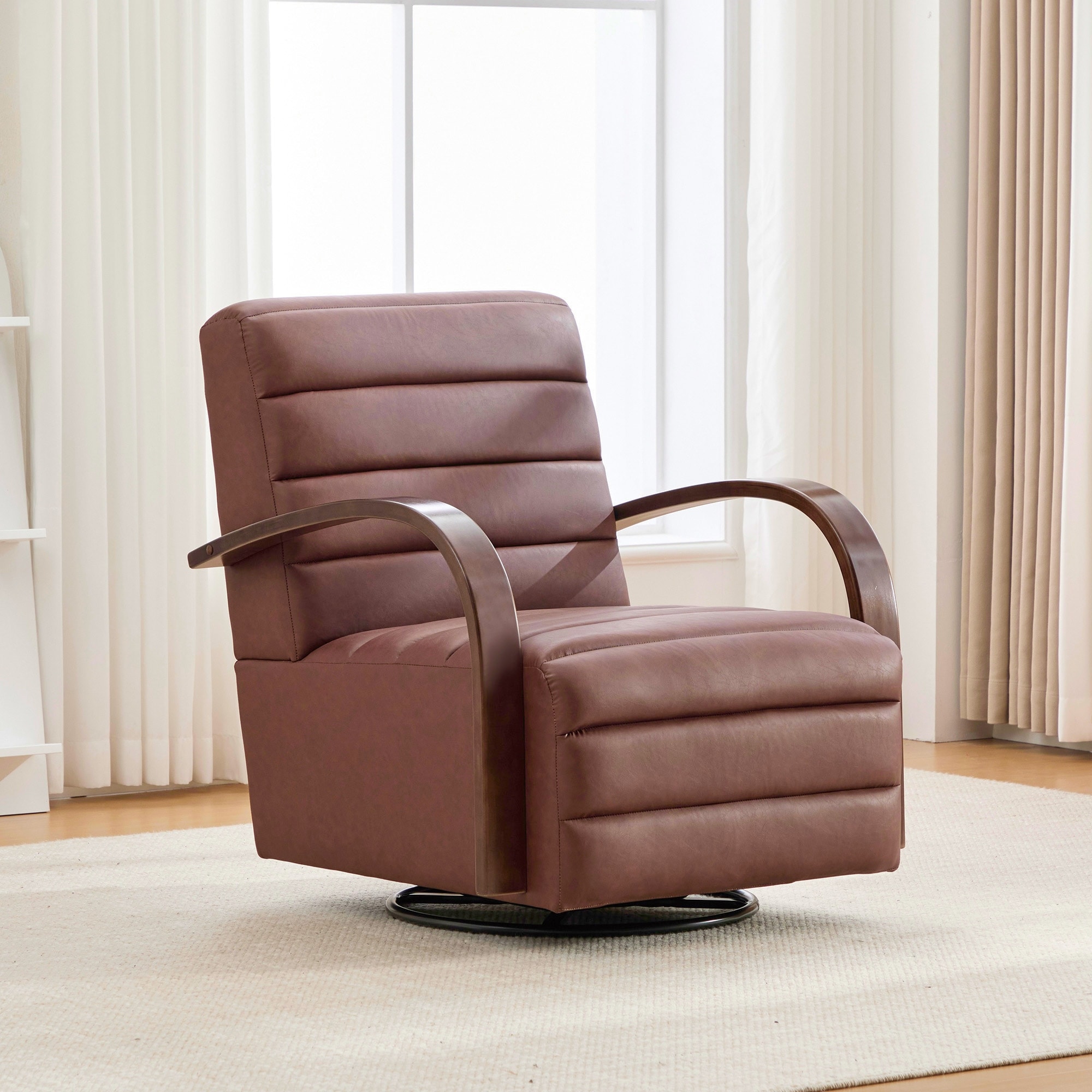Roomfitters Modern Swivel Accent Chair, PU Leather Lounge Reading Armchair with Wooden Arms for Living Room Bedroom Office