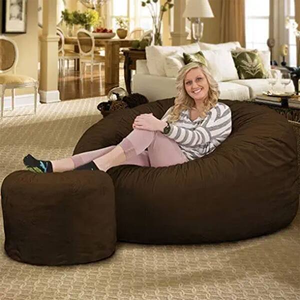 Ultimate Sack 5ft Bean Bag Chair With Footstool - Oversized Lounger, Black Suede, Shredded Foam Fill, Machine Washable Cover