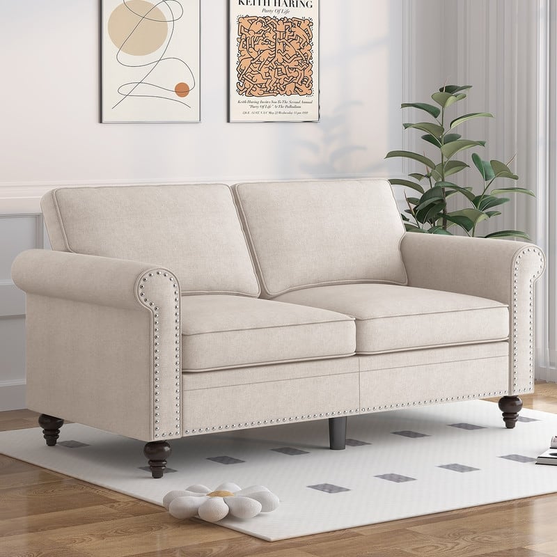 Mixoy 2 Piece Living Room Sofa Set with Rivet Design,Linen 3-Seater Sofa Couch,Loveseat Sofa/Single Sofa Chair