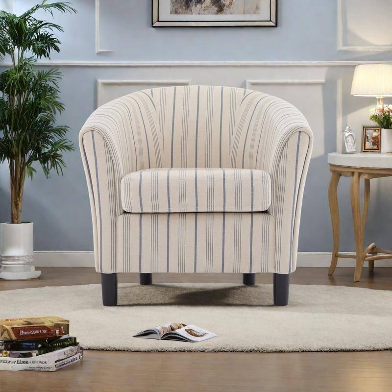 Striped Fabric Barrel Chair with Channel Stitching - Beige,Blue Stripe