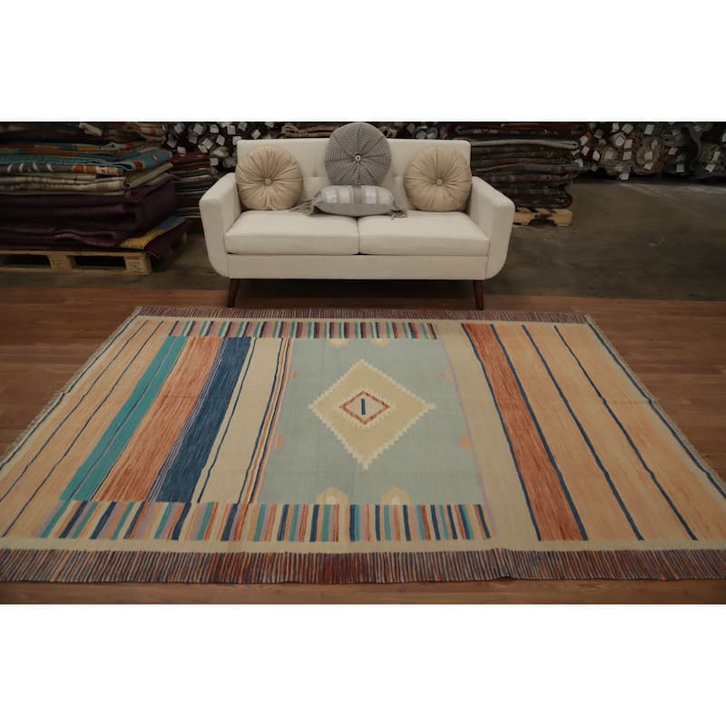 Hand Woven Oriental 100% Wool Carpet Southwestern Tribal Multi-Colored Kilim Area Rug - 8' 4'' X 5' 10''