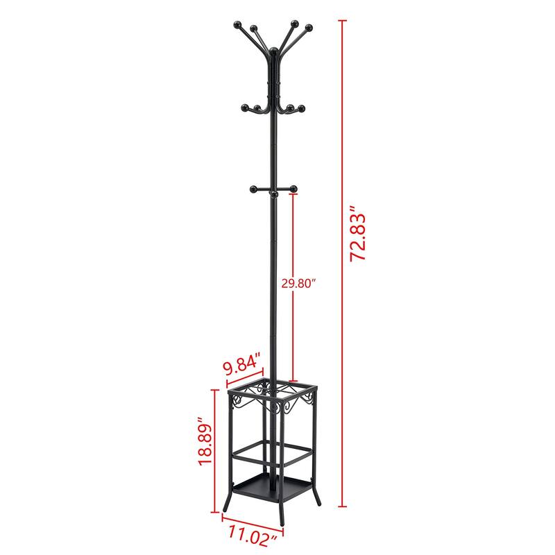 Coat Rack Freestanding,Entryway Coat Hanger Stand,Umbrella Holder,Hall Tree With 12 Hooks,Standing Coat Rack