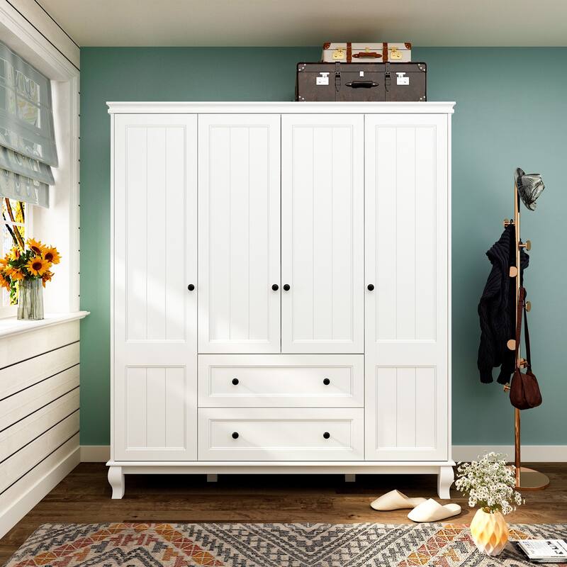 Home Traditional 2 Drawer Freestanding Wood Armoire in White Lacquer - 63"Wx71.3"