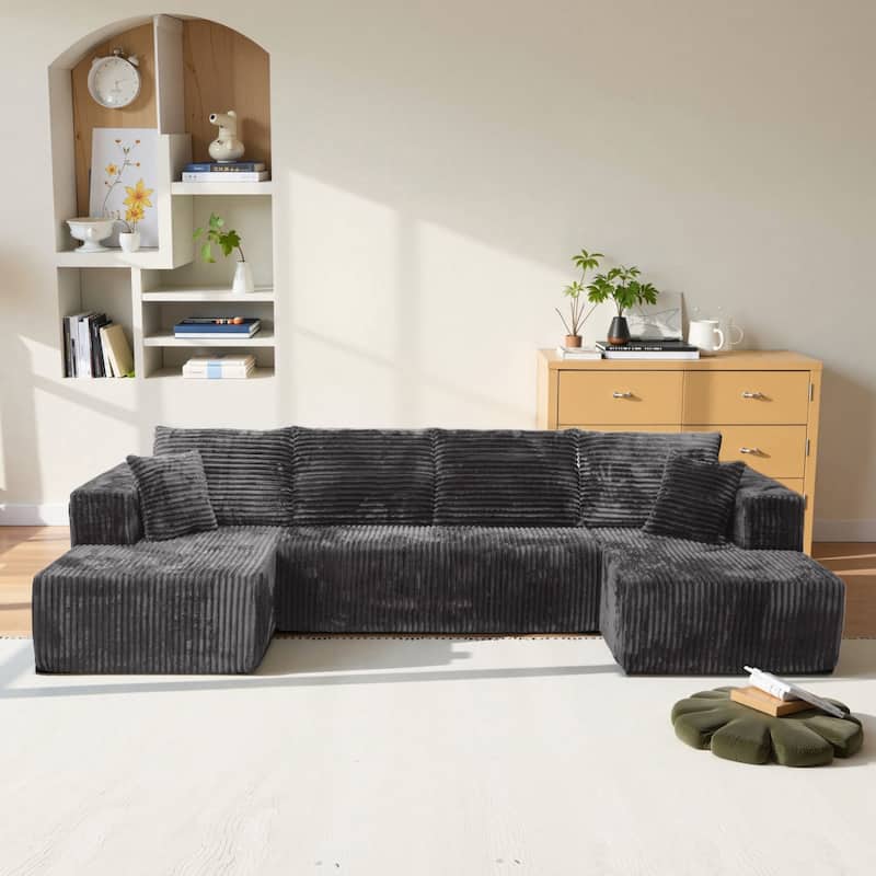 132.2" U-shaped Corduroy Sectional Sofa, No Assembly Required