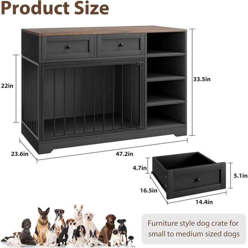 47" Dog Crate, Dog Kennel with 2 Drawers and 4 Shelves for Medium Large Dogs