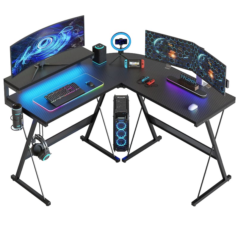L-Shaped LED Gaming Desk Corner Computer Desk with Monitor Stand