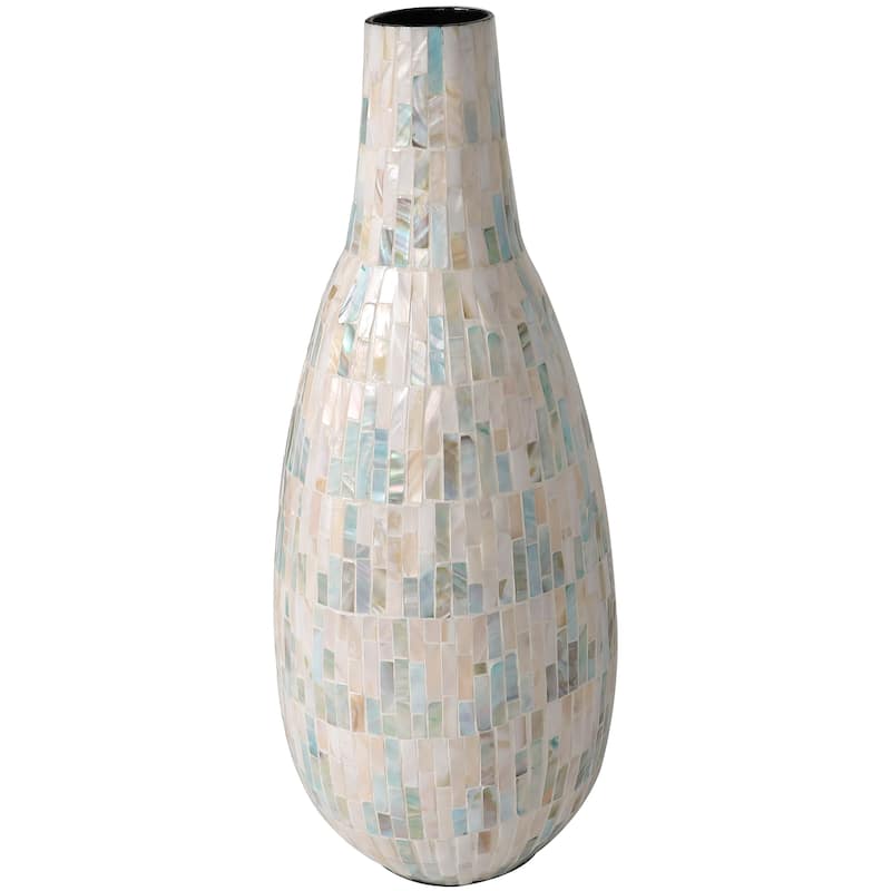 White Mother of Pearl Shell Handmade Mosaic Inspired Decorative Vase with Pastel Blue and Pink Accents