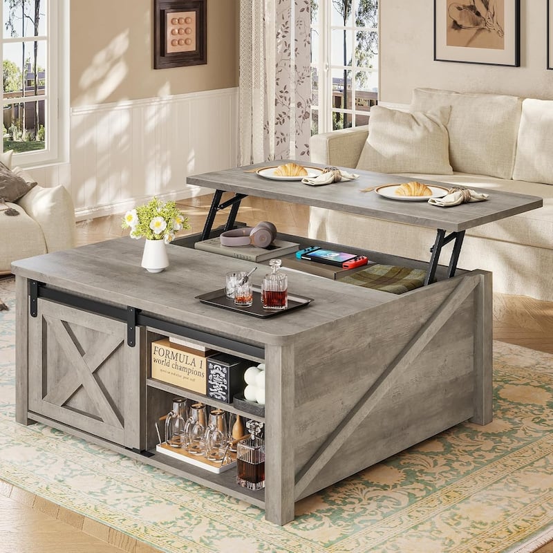 Coffee Table Lift Top Square Center Table Barn Door Adjustable Shelves