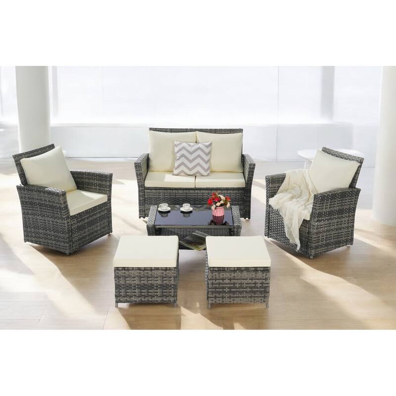 6-Piece Wicker Patio Furniture Set with Cushions & Coffee Table & Ottomans, Sofa for Outdoor Garden, Patio, or Balcony