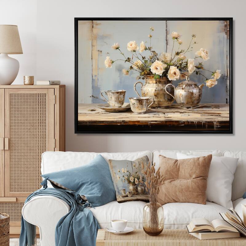 Designart "Food Coffee Tea II" Floral Framed Wall Art Living Room - 44 in. wide x 34 in. high - Gold