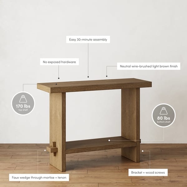 dimension image slide 1 of 5, Nathan James Virgo Farmhouse 2-Tier Console Table in Wire-Brushed Wood Finish