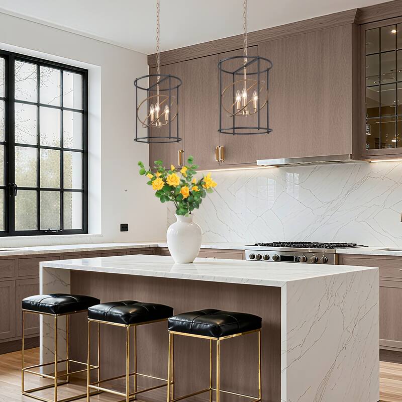 Modern 3-Light Black Gold Chandelier Cyliner Pendant for Kitchen Island - D14"x H17.7"