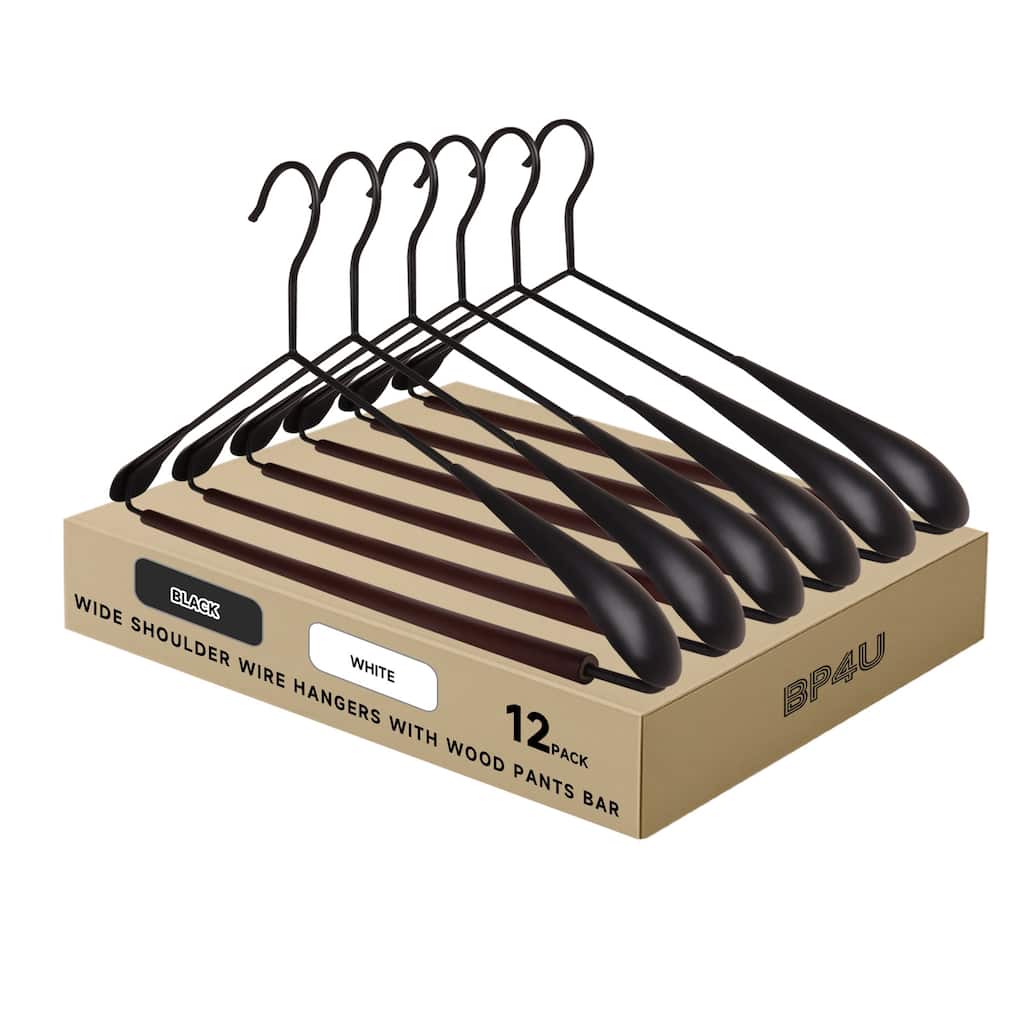 BP4U Heavy Duty Metal Wide Shoulder Suit Hangers, Welded Coat Hangers with Beech Wood Pants Bar for Clothes