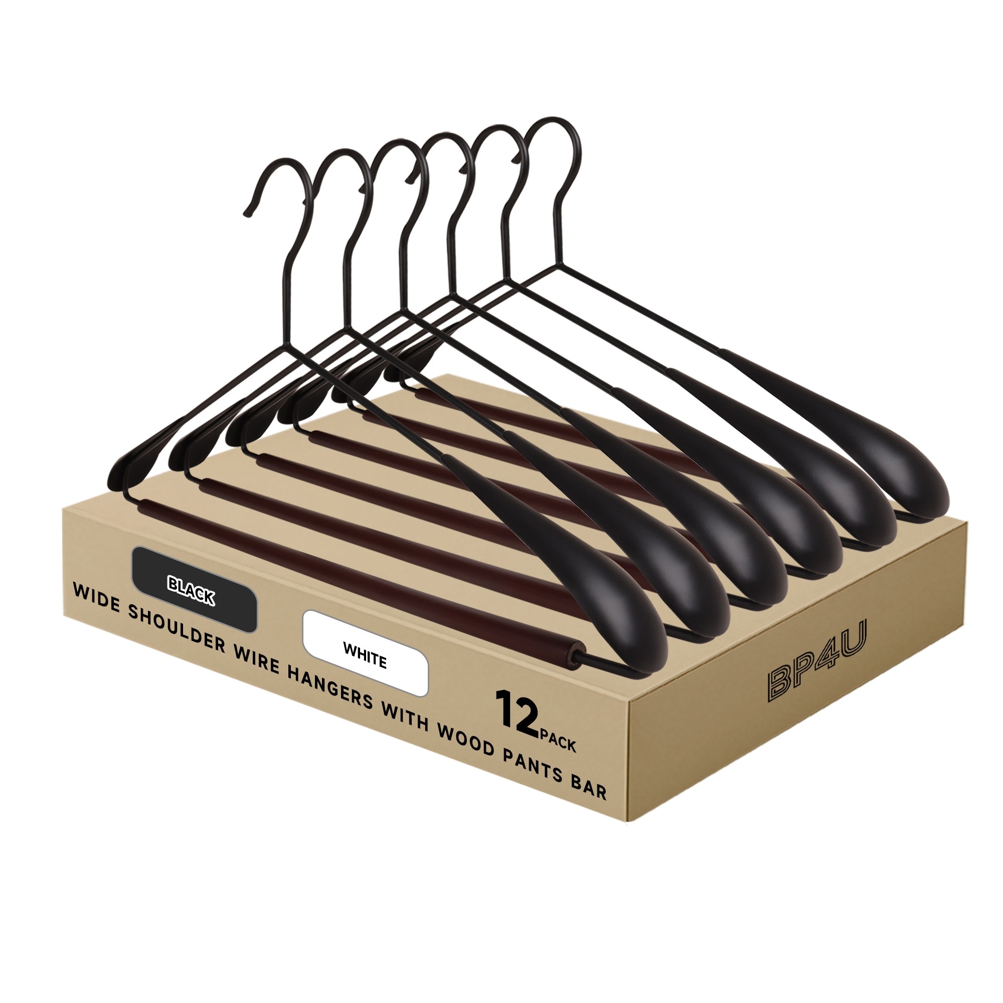 BP4U Heavy Duty Metal Wide Shoulder Suit Hangers, Welded Coat Hangers with Beech Wood Pants Bar for Clothes