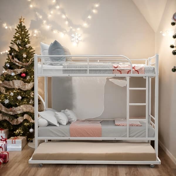 slide 2 of 12, Twin-Over-Twin Metal Bunk Bed With Trundle,Can be Divided into two beds,No Box Spring needed White