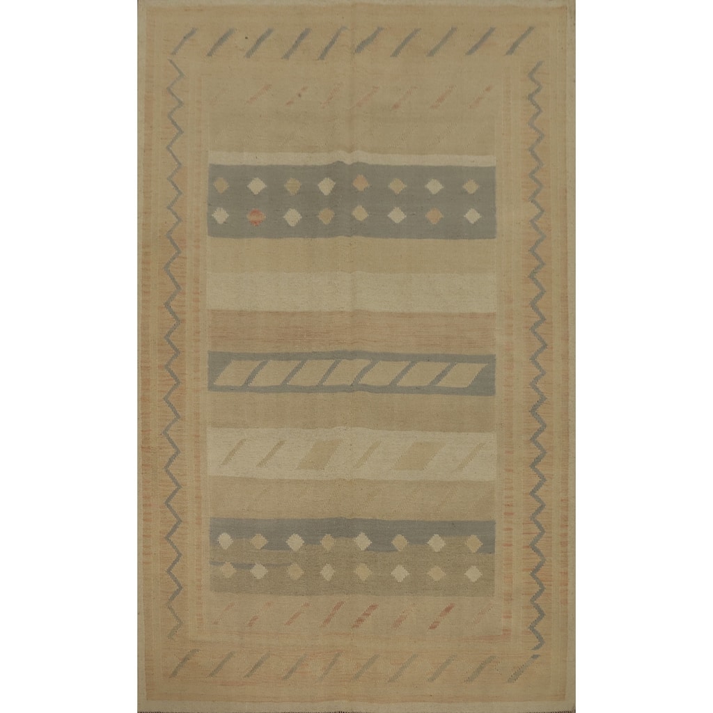 Hand Woven Oriental 100% Wool Carpet Southwestern Tribal Beige & Ivories Kilim Area Rug - 7' 7'' X 4' 11''