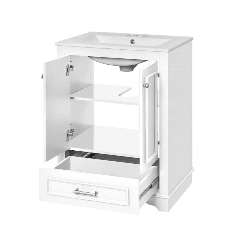 Roomfitters 24" Vanity with Ceramic Sink, Freestanding Cabinet with Silver Handles and Soft Closing Doors