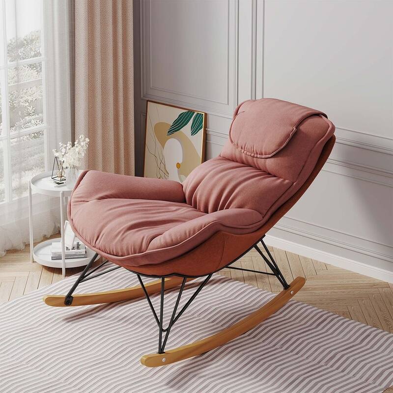 43.30 "W Modern Velvet Upholstered Sliding Rocking Chair with Removable Washable Seat Cushion - Pink