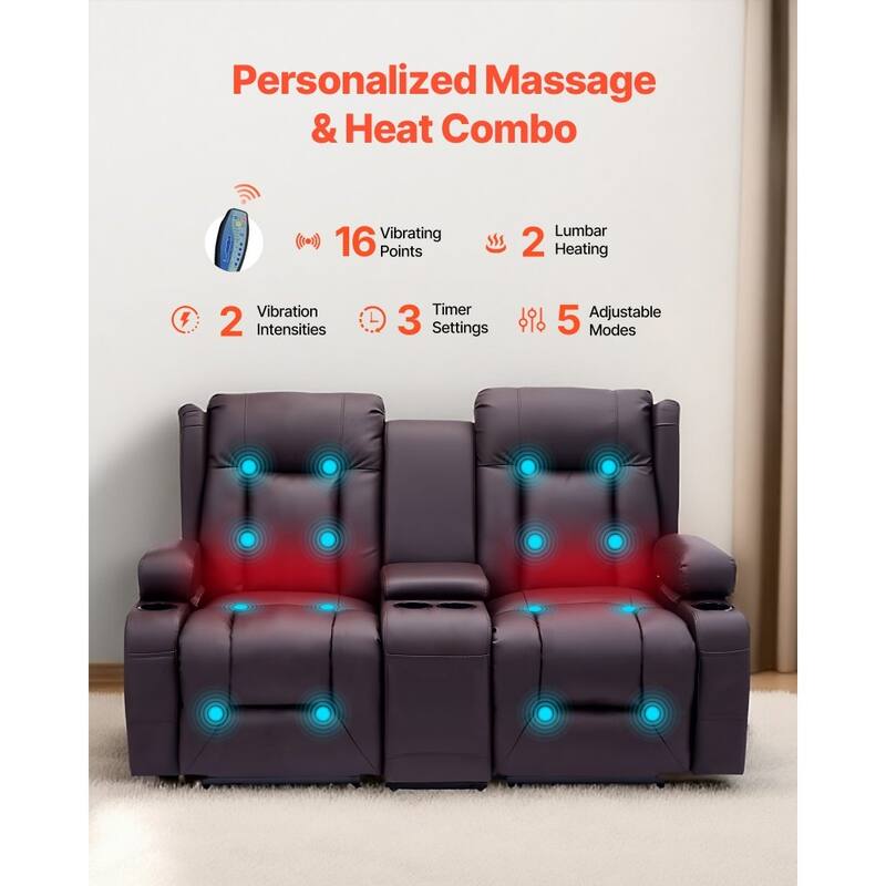 Brown PU Leather Electric Recliner Loveseat with Massage, Heating and USB Ports - 65.55 x 36.2 x 40.9 in