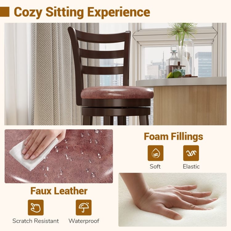 Set of 2 Cappuccino Rubber Wood MDF Swivel Bar Stools with Faux Leather and Footrest