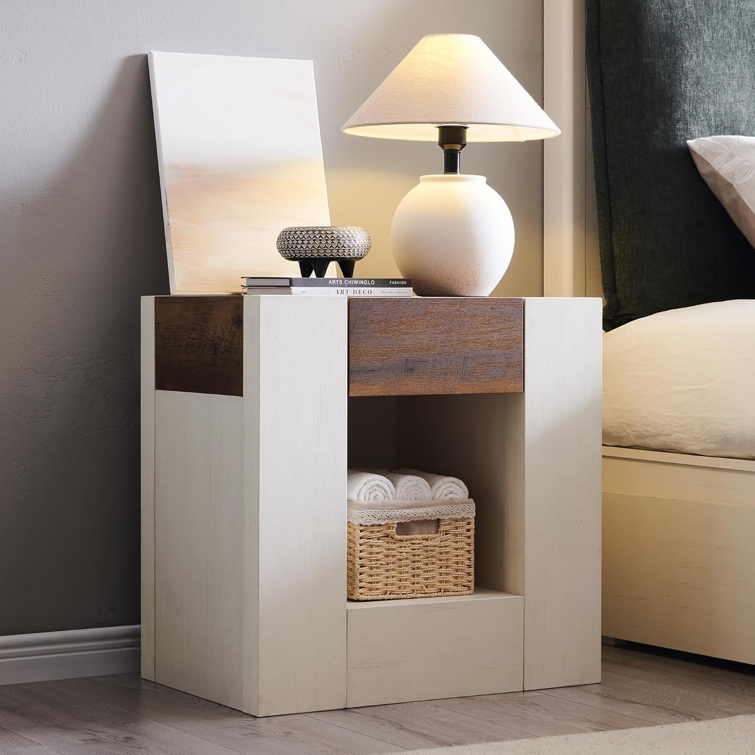 Modern Nightstand with Charging Station, End Table w/Hidden Drawers