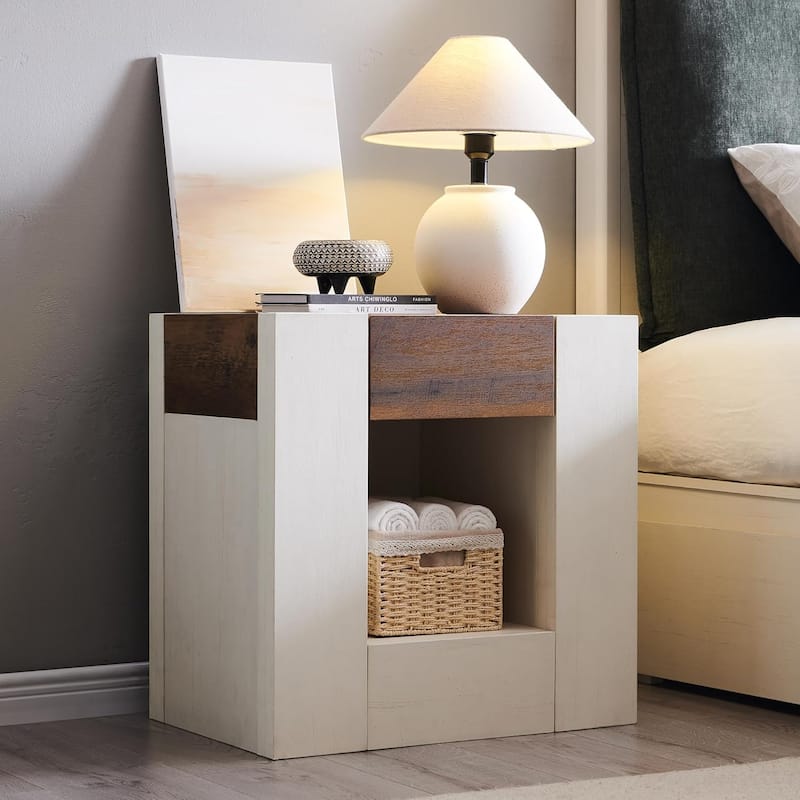 Modern Nightstand with Charging Station, End Table w/Hidden Drawers - Antique White