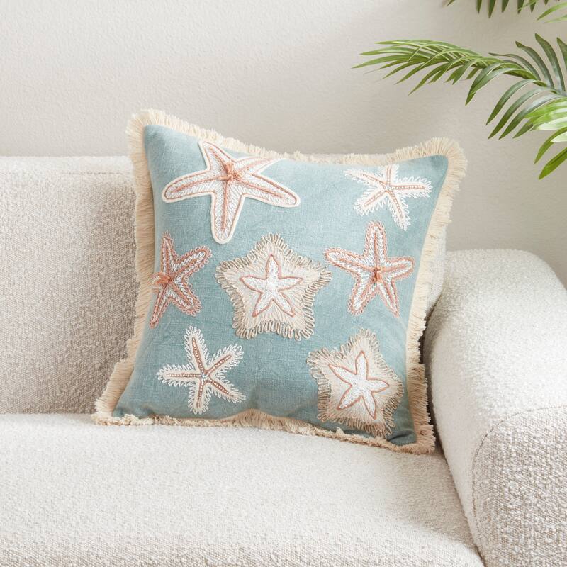 Embroidered Starfish Fringe Cotton Throw Pillow - Coastal Starfish Design for Sofa, Bed & Accent Styling, 18"x18"