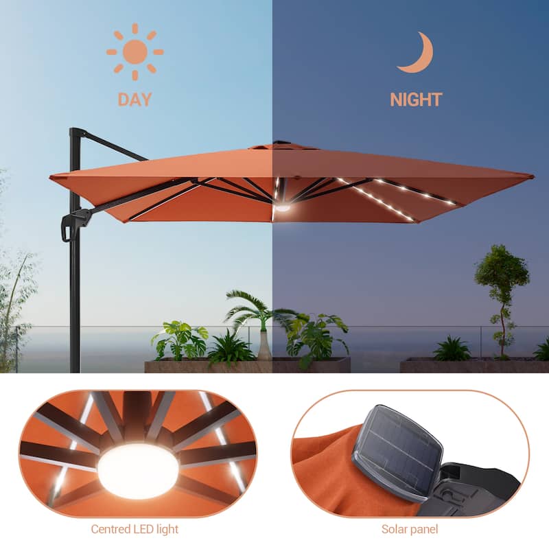 LIVOOSUN Patio10x10FT LED Aluminum Cantilever Umbrella Solution-Dyed Fabric w/Base