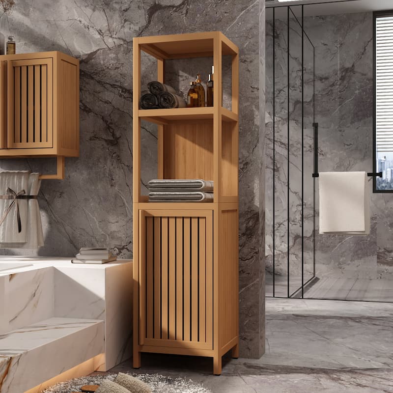 52" Tall Wood 1-door Bathroom Cabinet in Natural with Open Shelf - Natural Finish - Natural