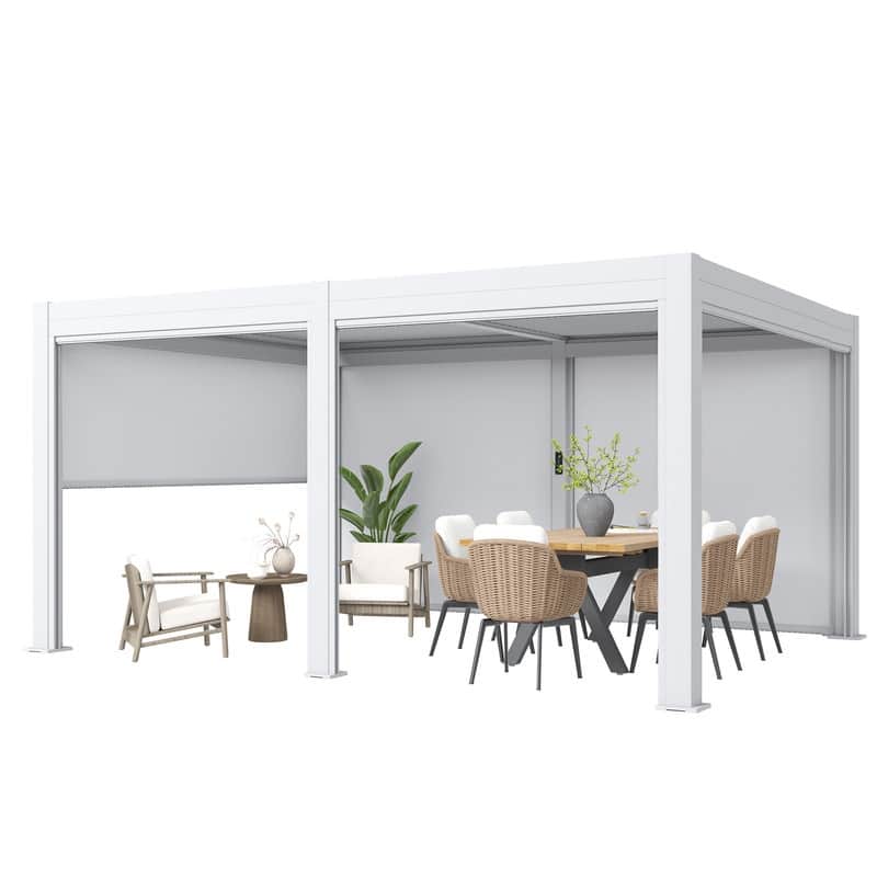 EROMMY Outdoor Louvered Pergola Gazebo with Adjustable Aluminum Rainproof Roof and Pull-Down Screen