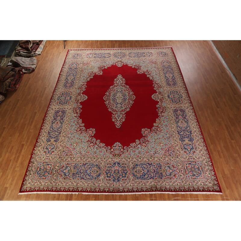 Vegetable Dye Red Kerman Persian Large Rug Handmade Wool Carpet - 12'10" x 17'0"