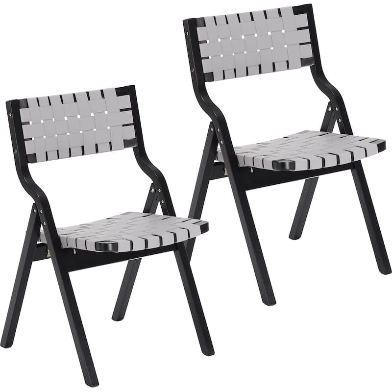 Foldable Chairs Wooden Stackable Dining Chairs for Kitchen & Dining Room Chair Woven Seat & Webbing Back, Dining Chair Set of 2 - Black+Light Gray