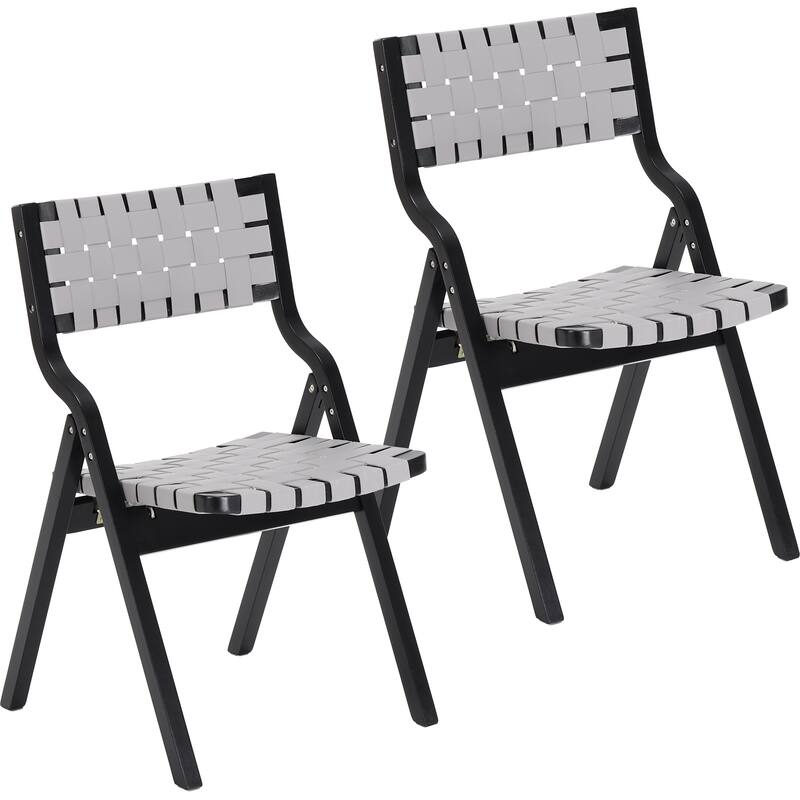 Wood Folding Chairs Set of 2, Wooden Indoor Stackable Dining Chairs for Kitchen & Dining Room Chair Woven Seat - Black,Light Gray