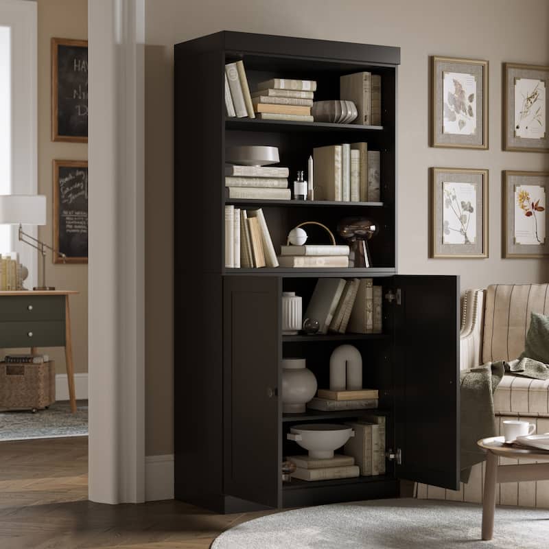 Solid Wood Tall Bookcase with Doors, Adjustable Shelves, Modular Storage, Open Display Bookshelf, 32" W x 71.5" H - Black