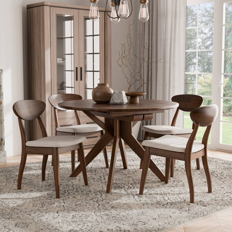 Furniture of America Abigail V Mid-Century Modern 5-Piece Rich Walnut Solid Wood Convertible Dining Set with Butterfly Leaf