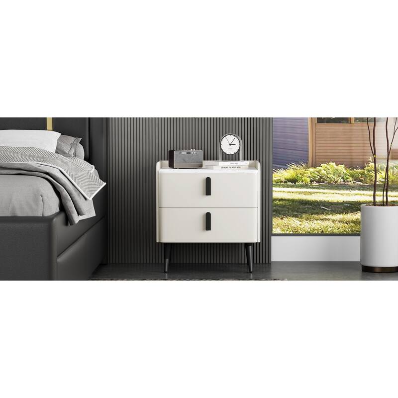 Modern 2-Drawer Nightstand with Marble-Pattern Top - Bedside/End Table for Bedroom/Living Room (White)