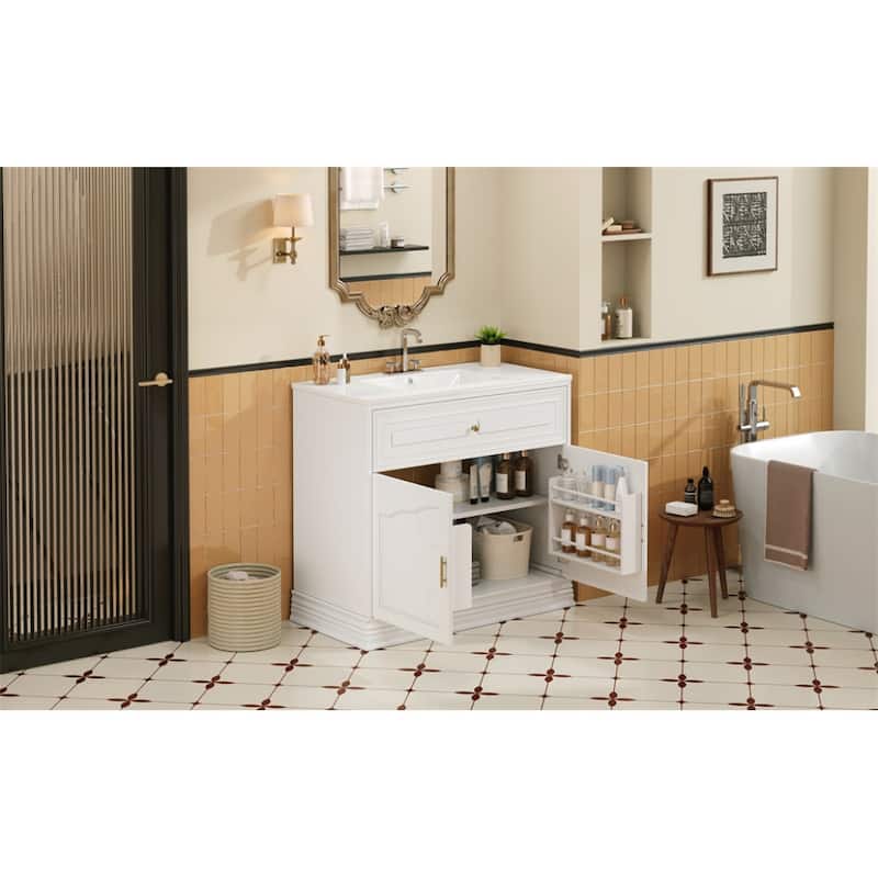 36"W Luxurious Bathroom Vanity with Ceramic Sink, Solid Wood Frame Bathroom Storage Cabinet with 2 Soft-Closing Doors
