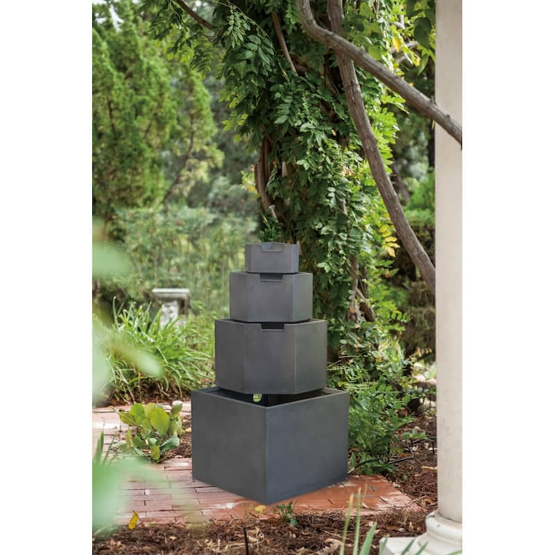 19.7x19.7x41.7" Gray Cement 4 Tier Block Water Fountain Outdoor