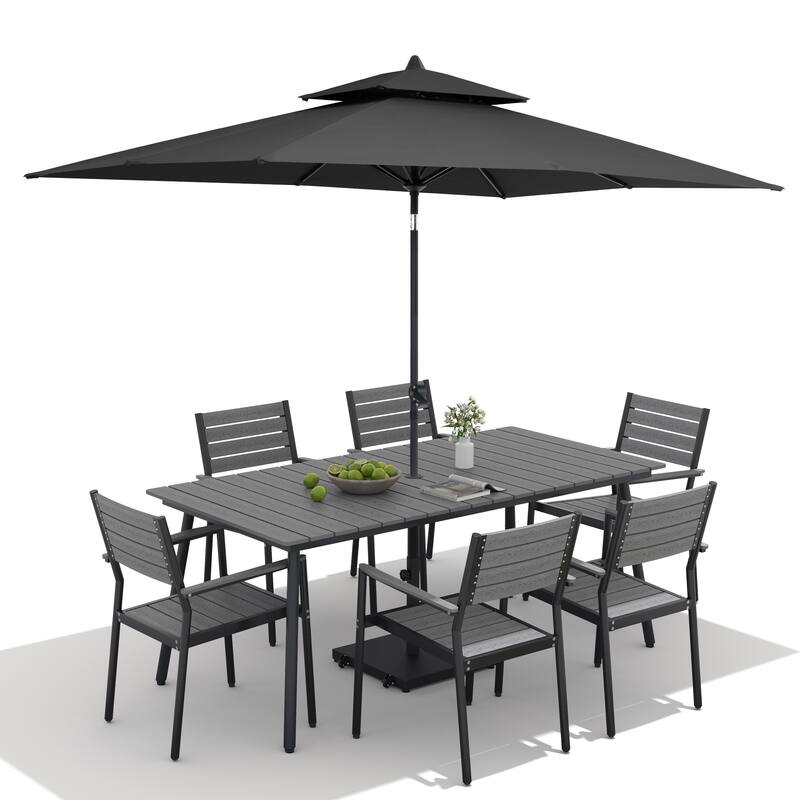 9-Piece Outdoor Dining Set Aluminum Table and 8 Stackable Chairs and 10 ft Umbrella with Base