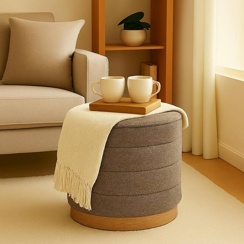 Modern Cylinder Ottoman with Hidden Storage Linen Upholstery Seat