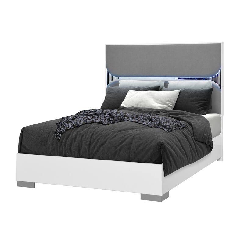 HomeRoots White and Gray Wood And Upholstery Lighted Queen Bed Frame