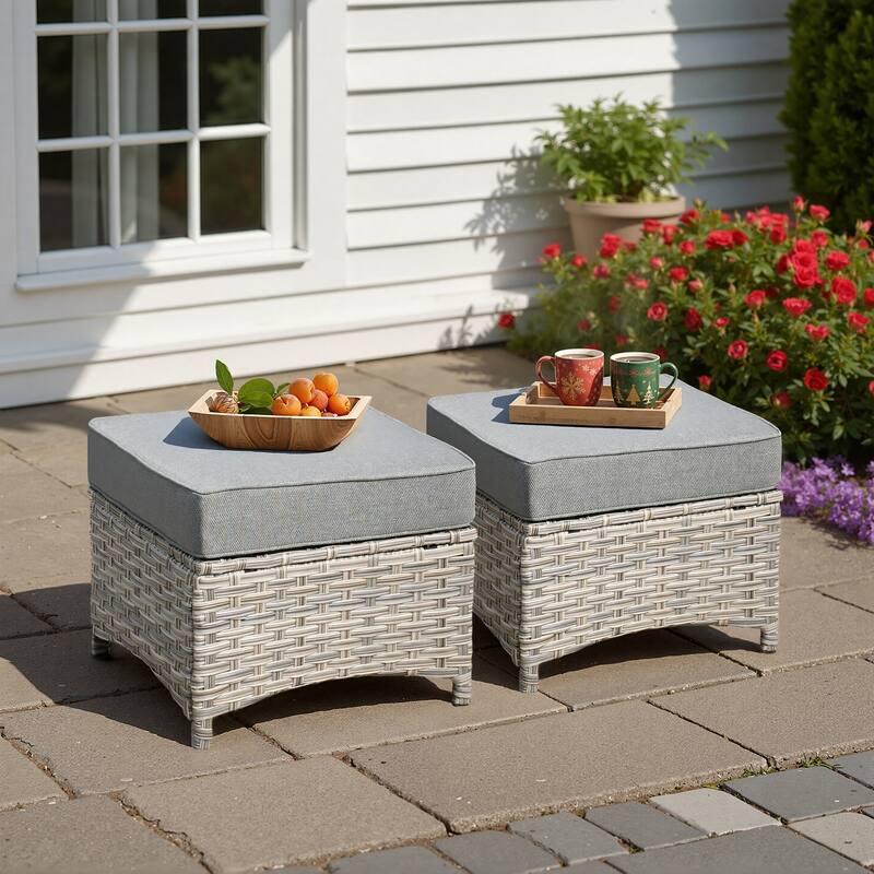 XIZZI Patio Wicker Ottoman with Cushion Outdoor Footrest - Dark Grey