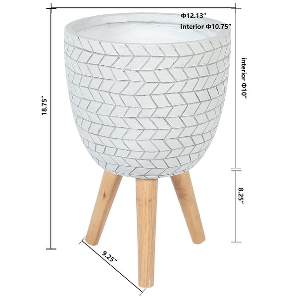 dimension image slide 0 of 2, Cube Design White Round MgO Planter with Wood Legs