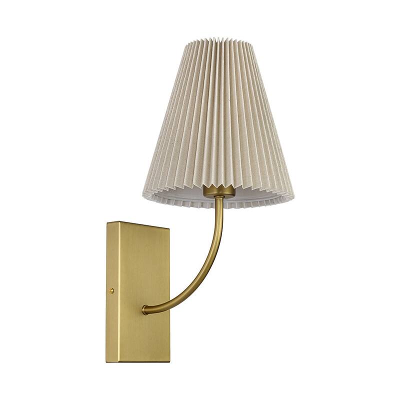 Mid-Century 1-Light Pleated Ivory Fabric Armed Wall Sconce