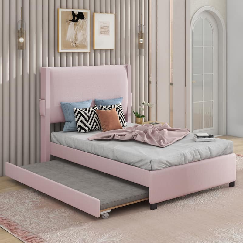 Pink Twin Upholstered Bed Frame with Trundle, USB Charging & Storage Pockets, Boucle Fabric